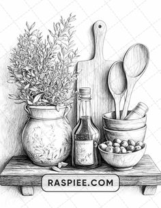 a black and white drawing of spices