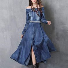 Denim Maxi Dress, Womens Denim Dress, Moda Jeans, Embroidered Midi Dress, Long Sleeve Maxi, Long Sleeve Maxi Dress, Jeans Dress, Denim Fashion, Denim Women