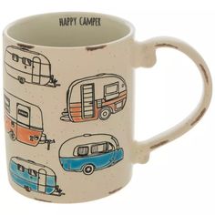 a coffee mug with campers on it and the words happy camper written in black