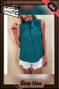 Blue-green Bowknot Neck Sleeveless Tank Top Green Tie Neck Top For Summer, Sleeveless Bow Tank Top For Summer, Casual Bow Tank Top For Spring, Casual Sleeveless Tank Top With Bow, Chic Green Sleeveless Tank Top, Casual Spring Tank Top With Bow, Casual Spring Bow Tank Top, Chic Green Blouse With Vest Detail, Green Sleeveless Vest Blouse