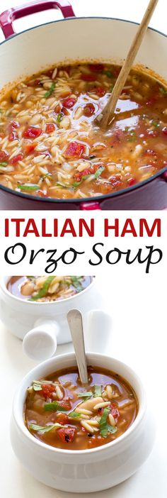 italian ham orzo soup in a white bowl with a wooden spoon on the side