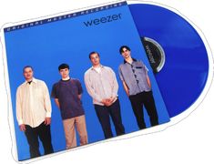 three men standing next to each other in front of a blue background with the words weezer on it