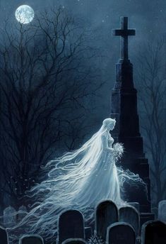 a painting of a woman walking in front of a cemetery at night with the moon behind her