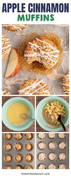 apple cinnamon muffins with icing in the middle and an image of apples on top