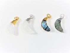 Faceted gold plated natural gemstone moon charms , white moonstone or gray labradorite moon charms. each one measures about 16x5mm. 1pc. the silver and gold stones are silver and gold plated over copper. Chain is not included. at the checkout please select if you want the moon in gold plating or silver . For the larger quantity convo us. Thanks for stopping by! Moon Crescent, White Moonstone, Perfect Love, Moon Charm, Copper Chain, Silver And Gold, Gold Plating, Crescent, Horn