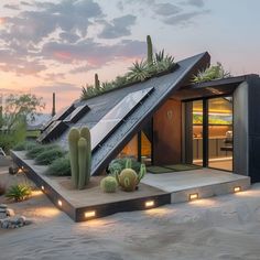 Discover the future of eco-friendly living with this modern minimalist Earthship. This home features a sleek, angular design with integrated solar panels and a lush green roof adorned with desert plants. Nestled in a stunning desert landscape, this sustainable residence combines contemporary aesthetics with cutting-edge environmental technology for a harmonious living experience. Experience the perfect blend of modern design and environmental responsibility in this striking Earthship home. Modern Earthship Design, Sustainable House Interior, Sustainable Roof Design, Eco Luxury Home, Solar Homes Design, Solar Panel Roof Design Architecture, Environmental Design Architecture, Tiny Earthship, Solar Punk House