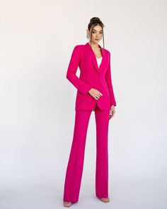 2-piece Womens Blazer Trouser Suit for office, business meetings, formal events and special occasions. Also perfectly combines with sneakers so after a long and tiring business day you can change you heels to sneakers and still look chic. DETAILS - flared pants - inseam 37,4 inches or 95 cm - slim fit - high rise - blazer is buttoned - lined - side pockets - slim fit MATERIAL Premium quality suiting fabric, which consists of viscose mostly and polyester+elastane SIZES The models in photos are we Pink Trouser Suit Women, Tailored Pink Blazer For Business Casual, Pink Notch Lapel Tuxedo Blazer, Pink Tuxedo Blazer With Notch Lapel, Tailored Pink Blazer For Office Wear, Pink Notch Lapel Blazer For Business Casual, Pink Notch Lapel Blazer For Office, Tailored Pink Workwear Pants, Tailored Pink Pants For Workwear