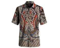 Indonesia Batik Shirt 100% handmade from the Indonesian island of Madura : Customise shirt size Casual Brown Tops With Batik Print, Traditional Short Sleeve Shirt For The Beach, Patterned Batik Print Tops With Short Sleeves, Patterned Short Sleeve Tops With Batik Print, Traditional Printed Shirt For Vacation, Traditional Short Sleeve Shirt For Beach, Casual Short Sleeve Batik Print Shirt, Casual Brown Batik Print Tops, Short Sleeve Patterned Shirt With Batik Print