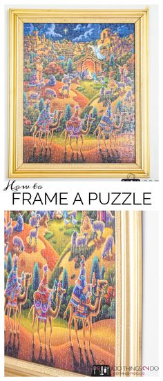 two pictures with the words frame a puzzle on them and an image of camels