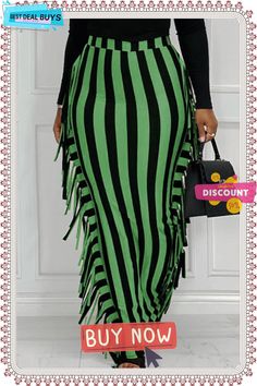 Stripe Print Tassels High Waist Maxi Skirts Maxi Pencil Skirt Outfit, Pencil Skirt Outfit, Style Vert, Purple Fashion Casual, Maxi Pencil Skirt, High Waisted Maxi Skirt, Stripe Outfits, Patchwork Skirt, High Waist Skirt