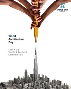 two hands holding a pencil with the words world architecture day written on it in front of a cityscape