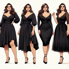 Woman Plus Size Dresses, Plus Size Illustration Fashion, Curvy Body Dress, Plus Size Designer Outfits, Plus Size Stylish Outfits, Ladies Wedding Guest Outfit, Plus Size Slip Dress Outfit, Plus Size Hourglass Outfits, Black Outfit Plus Size