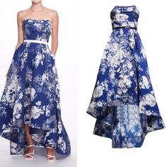 Recent Season, Sold Out Online. Note: Some Of The Model Photos Show This Dress With A White Ribbon, This Is The Black Ribbon Version. They Are Otherwise Identical. Strapless Organza Cloque Hi-Low Gown With Ruched Bodice. Blue And White Floral Jacquard Print. Back Zip. Pockets. New With Tags; No Flaws Or Wear Size 2 Armpit: Approx. 15.5" Waist: Approx. 12" Across Length: 40"/50" See My Closet For More Marchesa & Other Great Brands. Save When Bundling 2 Or More Items! Blue Floral Print Evening Dress For Wedding, Blue Floral Print Dress For Banquet, White Floral Print Evening Dress, Blue Strapless Spring Gown, White Floral Print Evening Gown, Blue Strapless Gown For Spring, White Floral Evening Gown, Formal Blue Floral Gown, Hi Low Gown