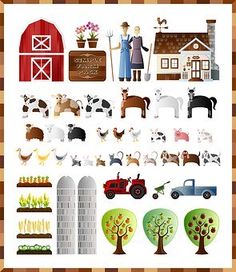 an image of farm animals and farmer icons