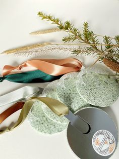 various ribbons and discs on a white surface with pine branches in the foreground,