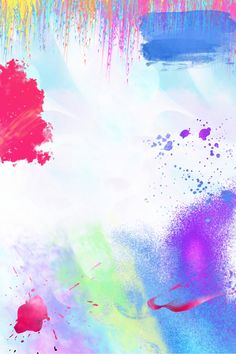 colorful paint splattered on white paper with blue, pink and yellow colors in the background