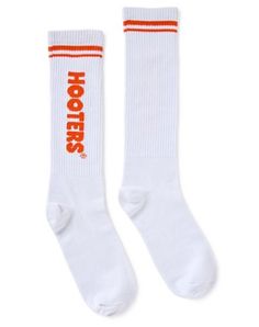 Add the perfect flair to any outfit with these white and orange Hooters knee high socks! These fun socks are sure to make you smile every time you wear them. Officially licensed Exclusively at Spencer's Material: Polyester, spandex Care: Machine wash Imported White Casual Mid-calf Socks, Casual White Knee-high Sports Socks, Sporty Knee-high Cotton Socks, White Mid-calf Cotton Socks, White Cotton Mid-calf Socks, Trendy White Socks For Streetwear, Trendy White Streetwear Socks, Casual White Cotton Knee-high Socks, Retro White Cotton Socks