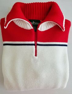 VINTAGE 70'S SKI SWEATER -Red White and Blue - Men's Small -Acrylic  Boundary Waters brand 64" cuff to cuff, 21" pit to pit, 20" pit to cuff, 23" from shoulder to hem, Retro Winter Polo Sweater With Ribbed Collar, Retro Polo Sweater With Ribbed Collar For Winter, Retro Knitted Sweater For Cold Weather, Retro Winter Tops With Ribbed Collar, Retro Tops With Ribbed Collar For Winter, Vintage Winter Sweater With Ribbed Collar, Boundary Waters, Seventies Fashion, Jersey Vintage