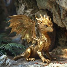 a golden dragon figurine sitting in front of a rock formation with ferns and rocks