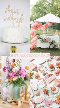 a collage of photos with pink and white decorations, cake, flowers, and desserts