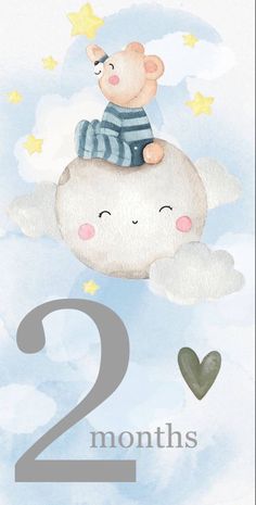 a watercolor painting of a teddy bear sitting on top of a cloud with the number two