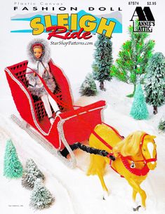 an old fashion doll riding in a sleigh ride on a horse drawn sleigh