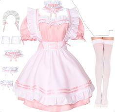 a doll dressed in pink and white is standing next to accessories for the doll's costume