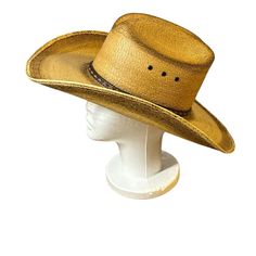 Cowboy Hat Jason Aldeen Collection By Resistol Tan And Brown Leather Band Inside Around Crown Never Worn Like New Size 7-1/8 Western Straw Hat With Flat Bill For Country Events, Western Straw Hat For Country Events, Western Straw Hat For Country Events With Flat Bill, Country Style Straw Hat For Western-themed Events, Gold Fedora Western Hat, Western Gold Fedora With Short Brim, Gold Western Fedora Hat, Western Style Gold Fedora With Short Brim, Western Style Gold Fedora With Flat Brim