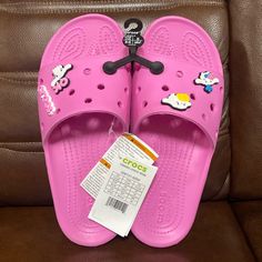 Very Comfortable & Style Slide!!! Brand New Classic Crocs Slide With 4 Jibbtz Size W9 Color: Pink Crocs Slides, Teal Shoes, Navy Blue Sandals, Blue Crocs, Classic Crocs, Crocs Pink, Blue Flip Flops, Black Flip Flops, Glitter Sandals