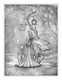 a black and white drawing of a fairy holding a lantern in the woods with flowers