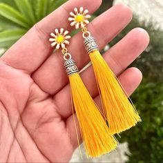 Yellow Flower Tassel Earrings For Sale! These Earrings Are So Cute! They Are New, They Are Handmade, And They Are From My Boutique! They Feature A Yellow And White Flower With Yellow Tassels Dangling From Them, And They Are Made For Pierced Ears. They Are About 4 Inches Long. Such A Great Earrings To Add To Your Jewelry Collection! Yellow Earrings For Beach In Spring, Gold Tassel Earrings For Spring Gift, Spring Dangle Tassel Earrings As Gift, Yellow Tassel Earrings For Summer Gift, Yellow Dangle Earrings For Spring, Gold Tassel Drop Earrings For Spring, Yellow Drop Earrings For Spring, Handmade Yellow Earrings For Spring, Gold Dangle Tassel Earrings For Spring