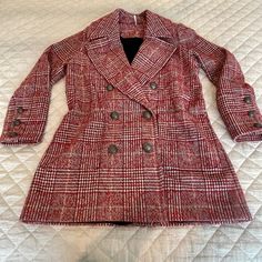 Free People Double Breasted Pea Coat. Red/Black/Cream Mini-Houndstooth/Tweed Woven Fabric. Polyester And Wool. Very Good Condition As Worn Only A Handful Of Times. Fits Like A Size 12 To 14. Hits Above The Knee On 5' 8" Me. Roomy Pockets. Hangs Nicely/Cut Fairly Straight (I.E., Does Not Hang Away From The Body Towards Hemline As Some Coats Do). Extra Button. Red Tweed Jacket For Fall Workwear, Red Tweed Jacket For Work, Fall Season, Chic Plaid Long Sleeve Tweed Jacket, Chic Plaid Tweed Jacket With Long Sleeves, Red Long Sleeve Tweed Jacket For Work, Red Tweed Winter Workwear Jacket, Red Tweed Jacket For Work In Winter, Red Single Breasted Tweed Jacket For Fall, Red Single-breasted Tweed Jacket For Fall