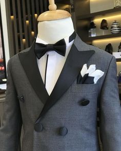 Dark Gray Slim Fit Double Breasted Tuxedo Suit | Two Piece Boys Suit Elegant Slim Fit Long Sleeve Sets, Elegant Long-sleeved Slim Fit Sets, Elegant Long Sleeve Slim Fit Set, Fitted Tuxedo Set With Long Sleeves, Fitted Double Breasted Suit With Long Sleeves, Fitted Double-breasted Tuxedo In Suiting Fabric, Fitted Long Sleeve Suit For Black Tie Events, Fitted Double Breasted Long Sleeve Suit, Fitted Long Sleeve Double Breasted Suit For Parties