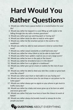 hard would you rather questions Hard Would You Rather Questions, Would You Rather Questions For Couples, Questions To Ask Your Family, Question For Couples, Hard Would You Rather, Questions To Ask Your Friends, Text Conversation Starters, Deep Conversation Topics, Questions To Get To Know Someone