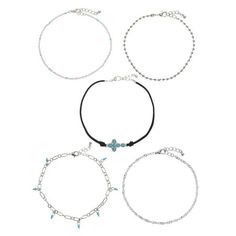 Add shimmer and shine to your look with these on-trend anklets by No Boundaries. This pretty anklet set features four delicate silvertone chains with simulated turquoise details and one black cord anklet with turquoise cross. Layered together or worn alone, theyre fun, trend-setting pieces youll wear day in and day out, no matter the season. Pair with flats, heels or sneakers for a look that's all your own. Only at Walmart. Size: one size.  Color: Silver.  Gender: female.  Age Group: adult. Cord Anklet, Women Anklets, Turquoise Cross, Shimmer And Shine, Shimmer N Shine, No Boundaries, Boundaries, Anklets, Gender Female