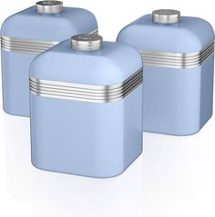 Swan SWKA1020BLN Retro Kitchen Storage Canisters, Iron, Blue, Set of 3 : Amazon.co.uk: Home & Kitchen Blue Kitchen Canisters, Blue Canister Set, Duck Egg Blue Colour, Kitchen Storage Canisters, Metal Canisters, Mug Tree, Bread Bin, Iron Body, Storage Canisters