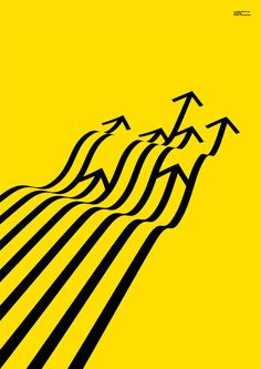 a yellow poster with black lines and three people on skis going up the mountain