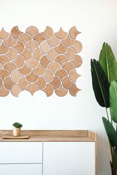 a wooden wall hanging on the side of a white wall next to a potted plant