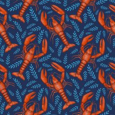 a blue and red background with lobsters on it