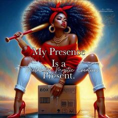 a woman sitting on top of a box with a baseball bat in her hand and the words, my presence is a unique creativity present