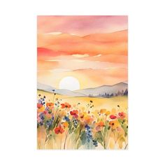 a watercolor painting of a sunset over a field with wildflowers in the foreground