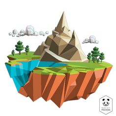 an island with trees and mountains in low poly style, on which there is a panda bear