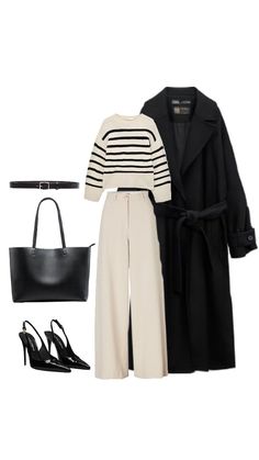 Cream Trousers, Trench Coat Black, Slingback Heel, Striped Knit, Black Belt, Modern Woman, Trench Coat, Knitted Sweaters, Sleek