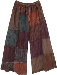 Patchwork pieces washed in brown, purple, green and rust come together to create this magical salad mix bohemian pants. The pants are wide on the hips and wide on the legs, and in fact the pattern comes down straight wide. #tlb #SplitSkirtsPants #Patchwork #bohemianfashion #Handmade #JuniorPetite #XLPlus #PetiteHippiePants #GrayPatchworkPants Festival Brown Patchwork Bottoms, Hippie Brown Bottoms For Fall, Multicolor Bohemian Harem Pants For Fall, Bohemian Multicolor Harem Pants For Fall, Bohemian Multicolor Fall Harem Pants, Hippie Style Brown Bottoms For Festival, Bohemian Brown Cotton Pants, Brown Hippie Bottoms For Festival, Brown Bohemian Pants For Festival