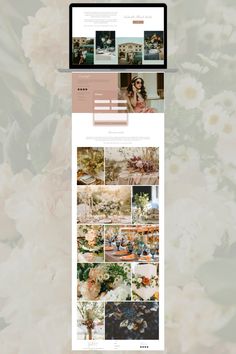 the website is displayed with flowers and photos on it's desktop screen, as well as an image of a woman in a wedding dress