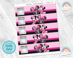 minnie mouse birthday candy wrappers with pink polka dots on the bottom and black stripes