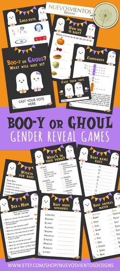 halloween games for kids to play in the classroom with text that reads booy or ghoul, gender reveal games