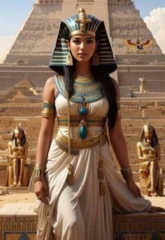 an egyptian woman standing in front of the pyramids with her hands on her hips