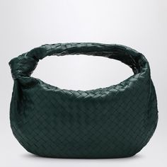 Small hobo handbag by Bottega Veneta in emerald green leather. The model features Intrecciato Nappa design, soft calfskin interior, closure with zip, a main compartment and knotted shoulder strap. Modern Green Bag With Woven Leather, Modern Green Bag With Intrecciato Weave, Green Leather Hobo Bag For Evening, Green Intrecciato Weave Modern Bag, Green Woven Leather Shoulder Bag, Luxury Green Soft Leather Hobo Bag, Elegant Green Shoulder Bag With Braided Handles, Formal Green Leather Hobo Bag, Green Woven Leather Bag