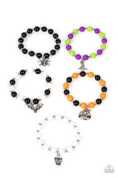 Accented with ghoulish charms - a witch's hat, a spider, a jack-o-lantern, a bat, and a skull - the stretchy beaded bracelets vary in patterns of white, black, orange, purple, and green. P9SS-MTXX-308XX 5 BRACELET SET! Note from Bee: The children's jewelry is hypoallergenic - and most are adjustable (or stretchy). We do not offer necklaces (for safety reasons). Browse the category to see all the cuteness available. To save you on shipping, these are being sold in sets of 5. The pieces are someti Halloween Jewlery, Halloween Charm Bracelet, Children's Jewelry, Stretchy Beaded Bracelet, Halloween Bracelet, Bracelet Pack, Black Beaded Bracelets, Halloween Charms, Girly Bags